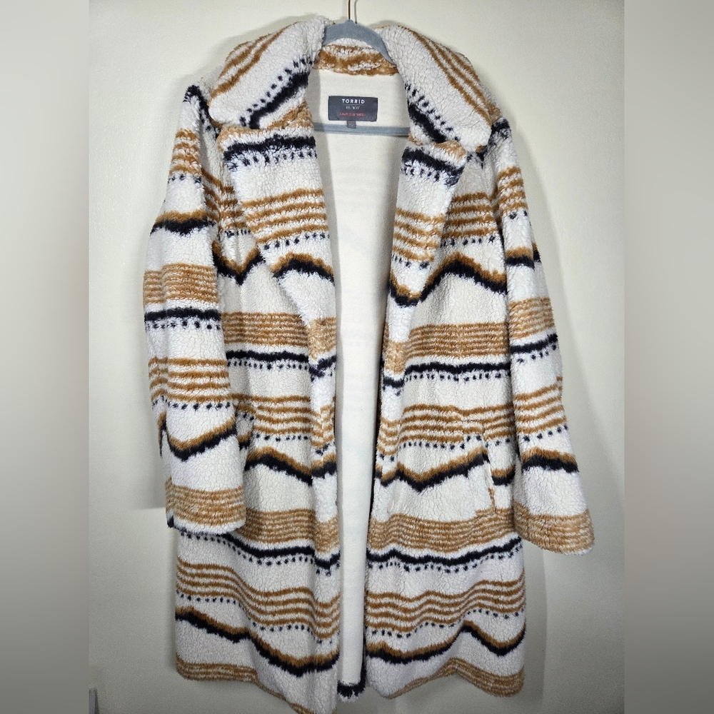 Torrid Women's Striped Teddy Coat - White, Brown, Black